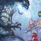 The Green and Red Rangers stare up at the enraged Godzilla, who's about to fire his radioactive breath.
